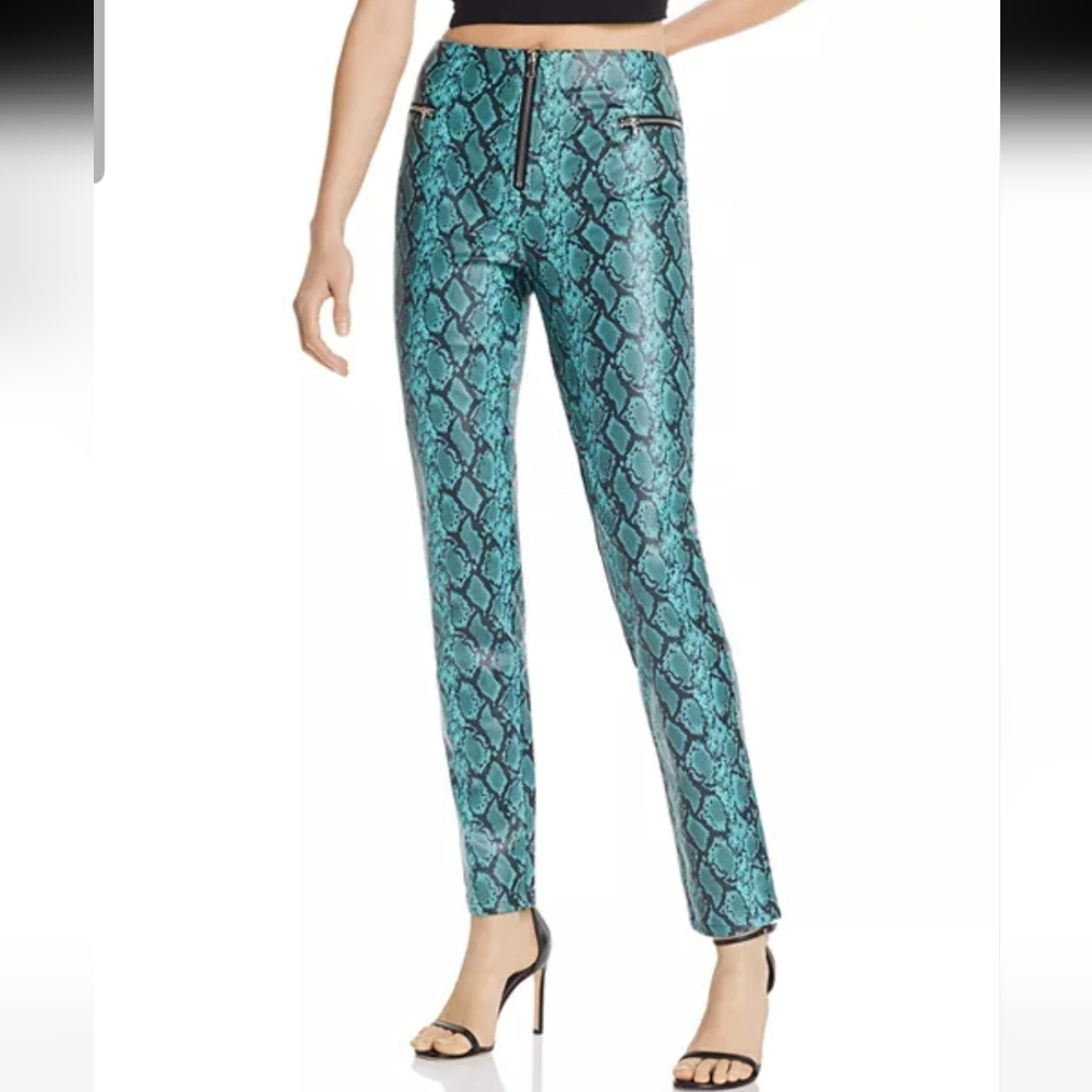 Tiger Mist Teal Snake Print Skinny Pants Front Zipper And Pockets